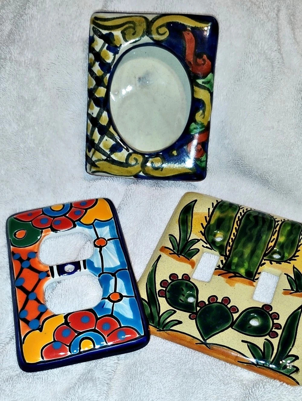 Hand-Painted  Talavera Mexican Ceramic Switch Plates Set, Blue & Orange